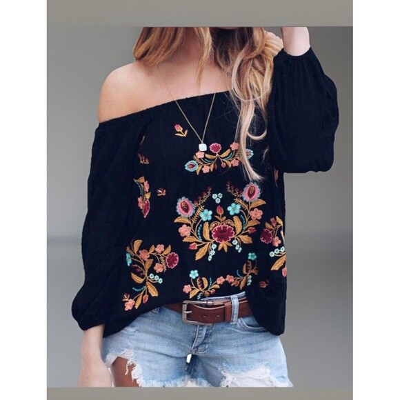 Unbranded Blk W/ Embroidery Pullover Cotton Blend Peasant Blouse Sz L-XL - Picture 1 of 11